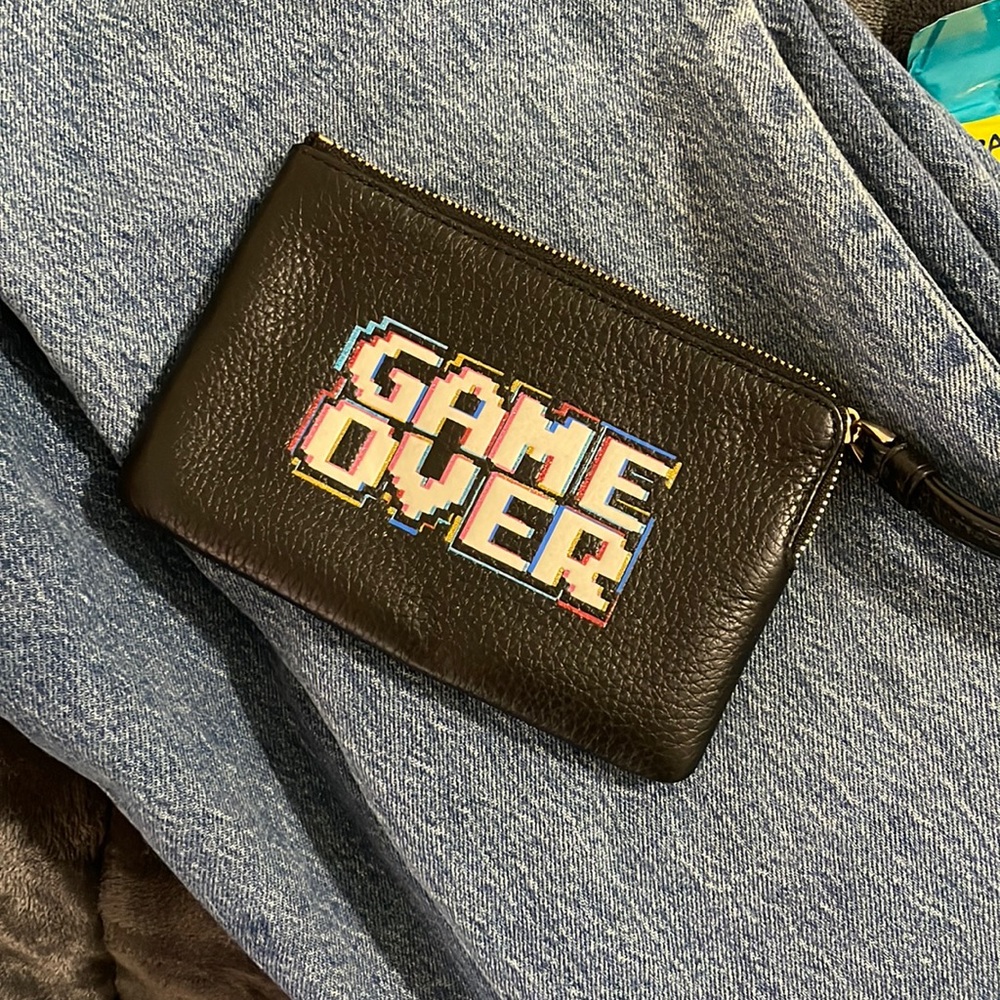 Coach Women's Corner Zip Wristlet Leather Wallet w/ Pac-Man Game Over - Black